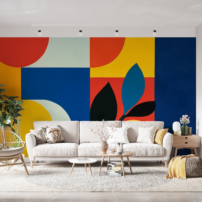 Papier peint géométrique coloré avec formes abstraites et feuillage stylisé pour salon moderne