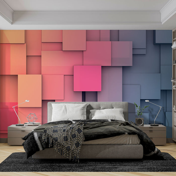 Papier peint géométrique avec motif de carrés en dégradé de couleurs vives pour chambre moderne