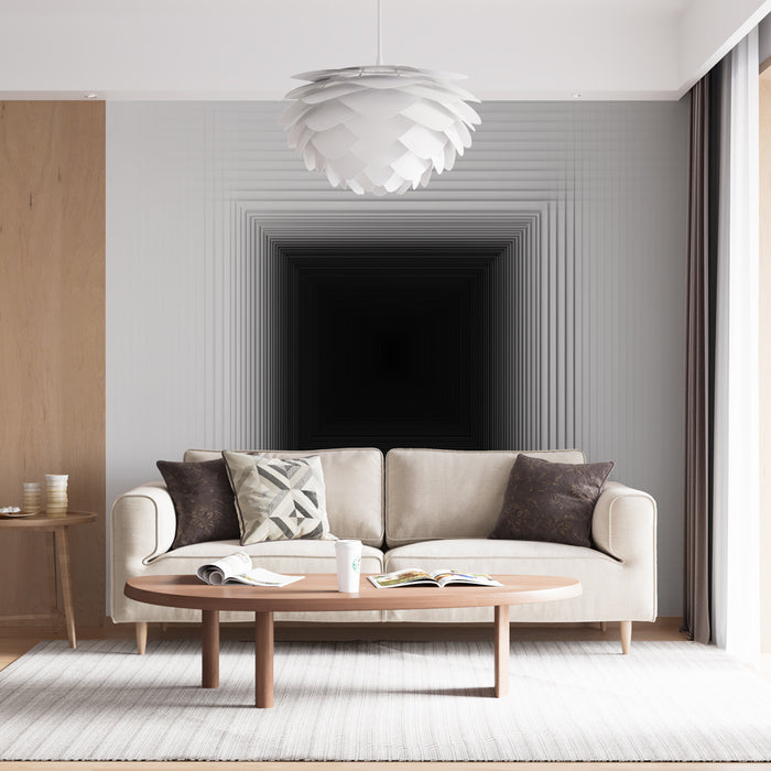Papier peint géométrique noir et blanc avec motif en dégradé pour salon moderne