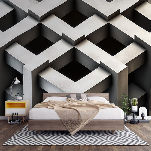 Papier peint géométrique noir et blanc avec motif en relief de cubes pour chambre moderne