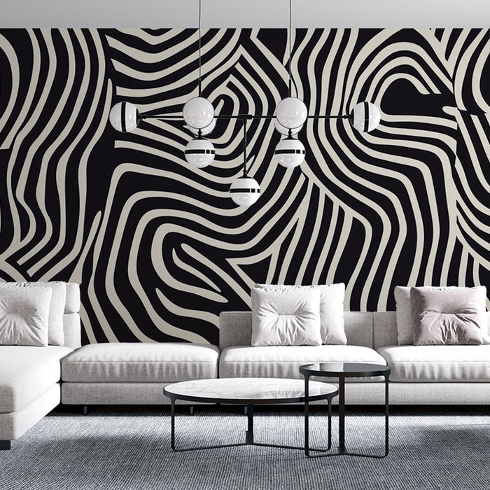 Papier peint géométrique noir et crème avec motif ondulé pour salon moderne