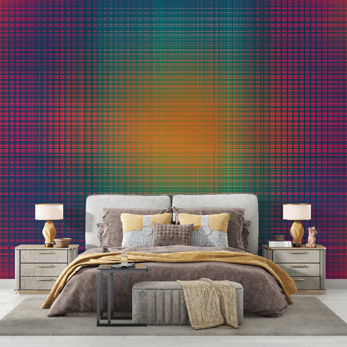 Papier peint géométrique multicolore avec motif vibrant de lignes entrecroisées pour chambre moderne.