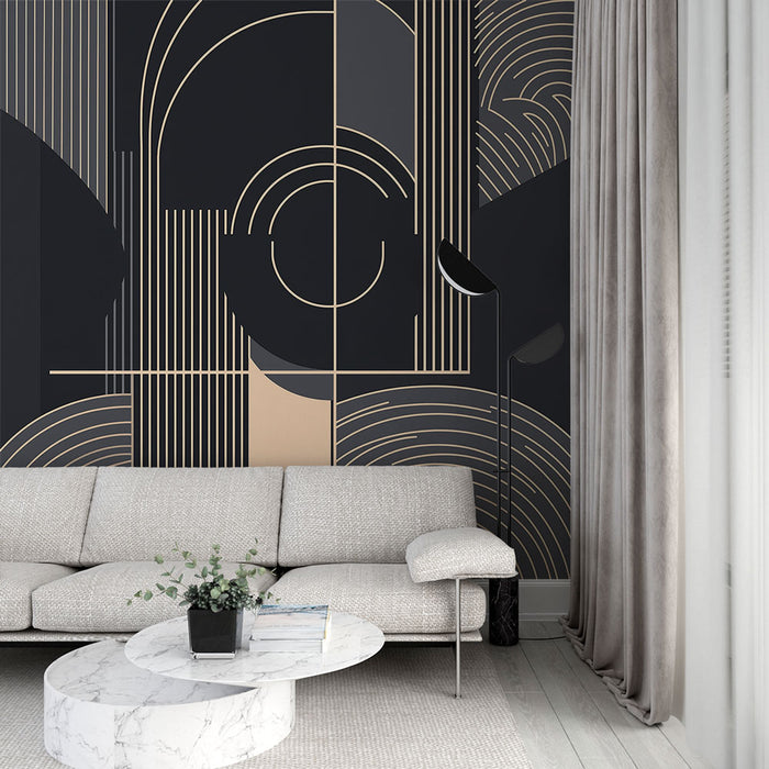 Papier peint géométrique avec motifs abstraits en lignes dorées sur fond sombre pour salon moderne