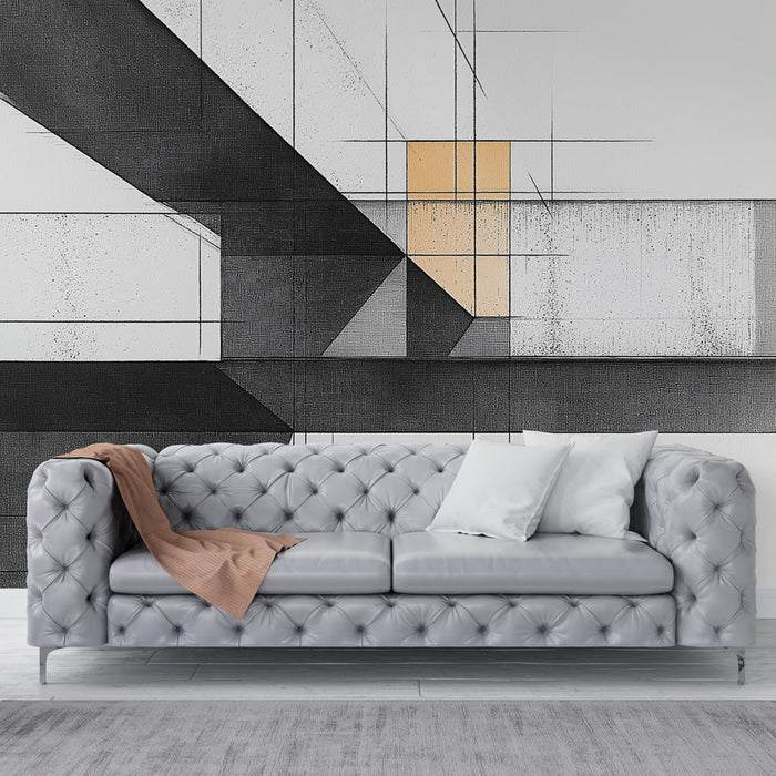 Papier peint géométrique avec motifs abstraits en noir, blanc et touches de jaune pour salon moderne.