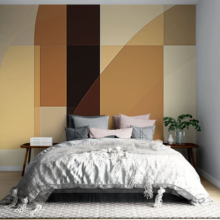 Papier peint géométrique avec motifs abstraits en tons chauds et doux pour chambre moderne.