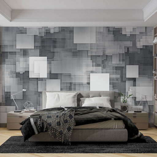 Une chambre moderne avec un papier peint abstrait en nuances de gris, présentant des formes géométriques superposées qui créent une ambiance contemporaine et dynamique.