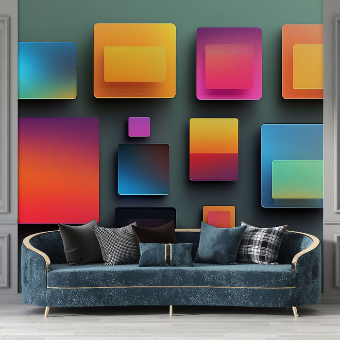 Un salon contemporain avec un papier peint abstrait aux dégradés vifs de bleu, orange et rose, créant une ambiance dynamique et moderne.