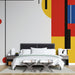 Papier peint géométrique avec motifs colorés et lignes dynamiques pour chambre moderne.