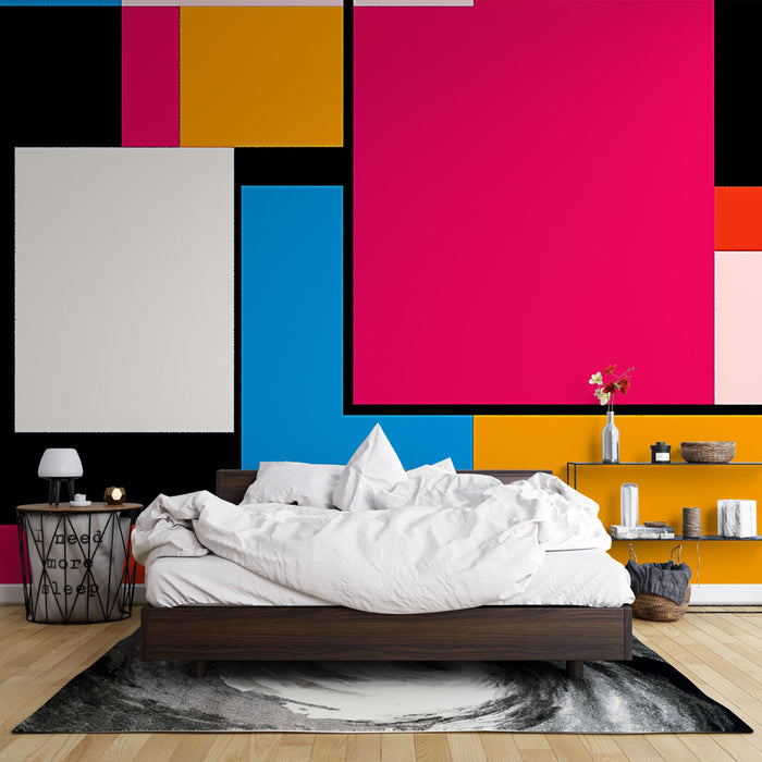 Papier peint géométrique moderne avec motifs colorés sur fond noir pour chambre contemporaine