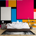 Papier peint géométrique moderne avec motifs colorés sur fond noir pour chambre contemporaine