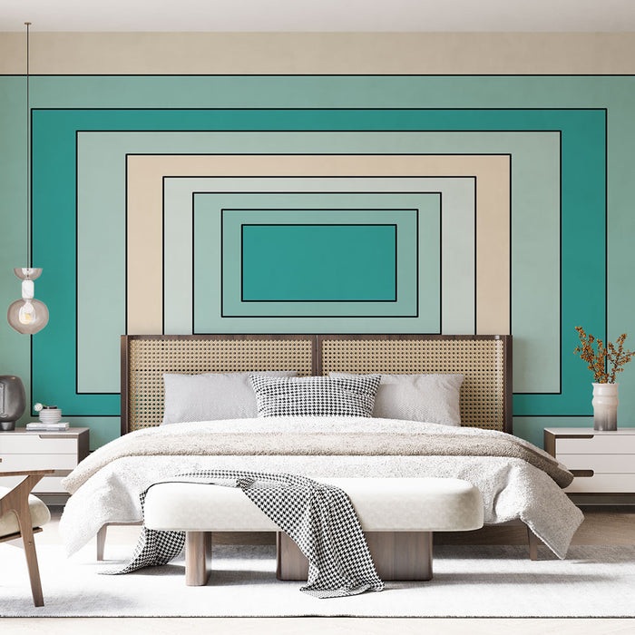 Une chambre moderne avec un papier peint géométrique aux dégradés de turquoise et beige, dégageant une ambiance apaisante et contemporaine.