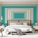 Une chambre moderne avec un papier peint géométrique aux dégradés de turquoise et beige, dégageant une ambiance apaisante et contemporaine.