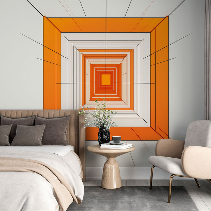 Papier peint géométrique avec motifs de carrés orange et blancs en perspective pour chambre moderne