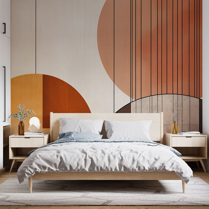 Papier peint géométrique avec motifs de cercles colorés et lignes graphiques pour chambre moderne