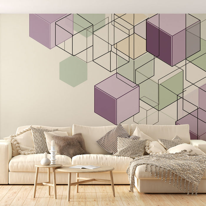 Un salon moderne avec un papier peint géométrique aux teintes douces de violet, vert et beige, créant une atmosphère élégante et apaisante.