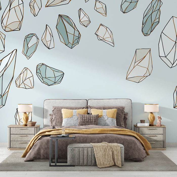 Une chambre moderne avec un papier peint représentant des cristaux stylisés aux contours dorés et aux teintes pastel, créant une ambiance élégante et apaisante.