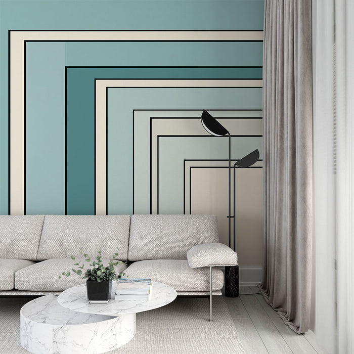 Un salon contemporain avec un papier peint géométrique aux teintes de bleu et beige, dégageant une ambiance moderne et apaisante.