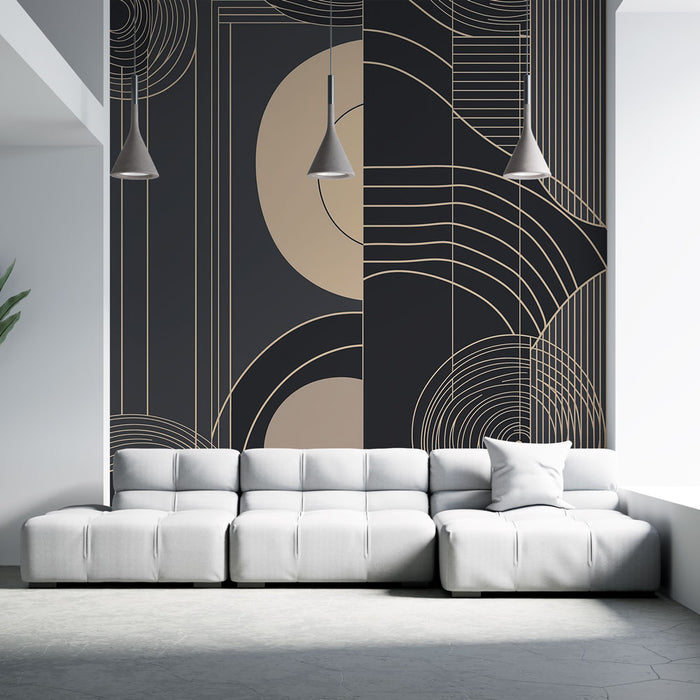 Papier peint géométrique noir avec motifs en lignes et cercles élégants pour salon moderne