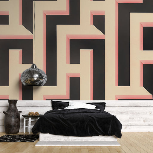 Papier peint géométrique avec motifs en relief noir et rose pour chambre moderne.