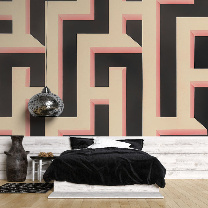 Papier peint géométrique avec motifs en relief noir et rose pour chambre moderne.