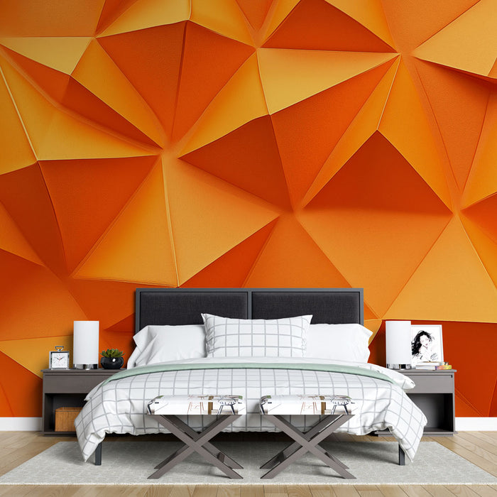 Une chambre moderne avec un papier peint texturé en dégradé d'orange, aux formes géométriques dynamiques, créant une ambiance chaleureuse et énergique.