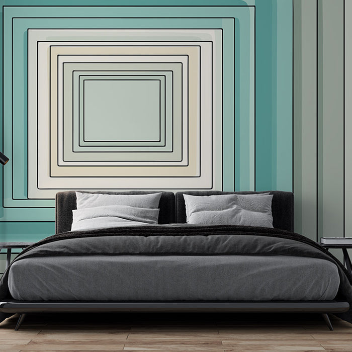 Une chambre moderne avec un papier peint géométrique aux dégradés de bleu et de beige créant une ambiance apaisante et contemporaine.