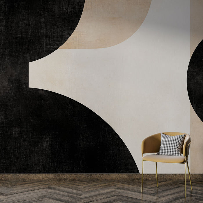 Papier peint géométrique moderne en noir, beige et blanc pour salon contemporain