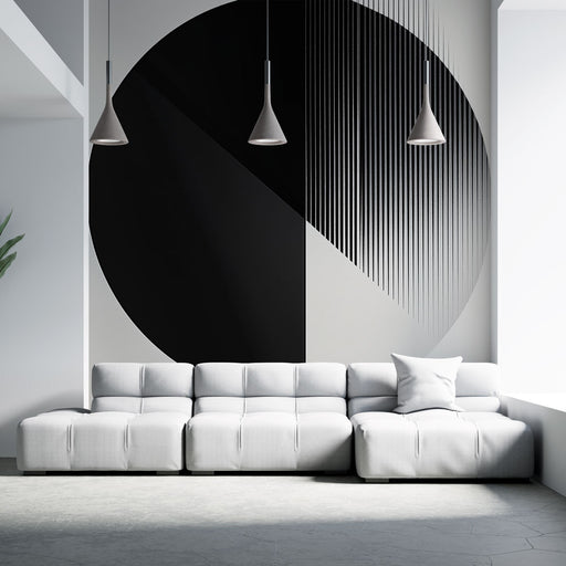 Papier peint géométrique noir et blanc avec formes abstraites pour salon moderne