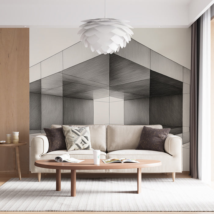 Papier peint géométrique en noir et blanc avec perspective abstraite pour salon moderne.