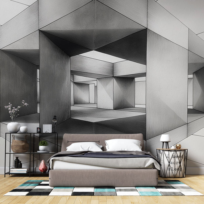 Papier peint géométrique noir et blanc avec perspective architecturale pour chambre moderne
