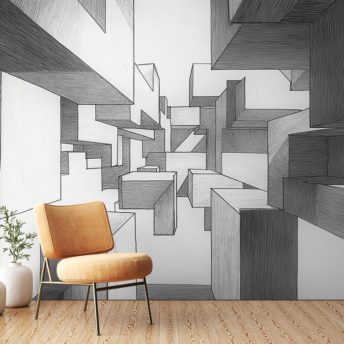 Papier peint géométrique noir et blanc avec blocs abstraits pour salon moderne