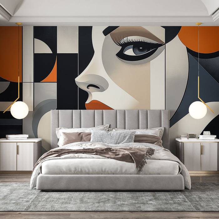 Papier peint géométrique avec portrait stylisé et motifs modernes pour chambre contemporaine.