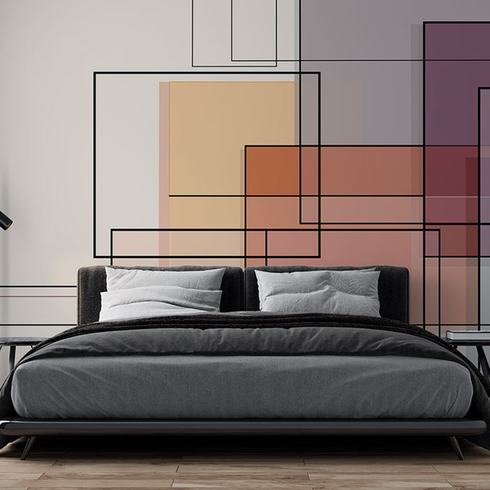 Une chambre moderne avec un papier peint géométrique aux teintes douces de rose et orange, encadré de lignes noires, créant une ambiance artistique et contemporaine.