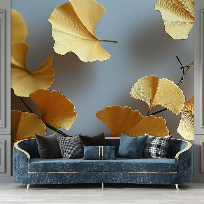 Papier peint gingko | Feuilles de gingko dorées sur fond doux