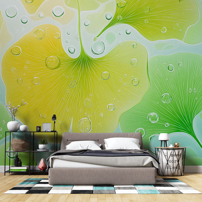 Papier peint ginkgo aquatiques | Motif lumineux de feuilles avec gouttes d'eau