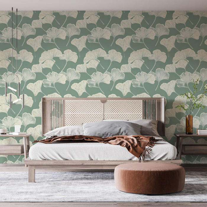 Une chambre moderne avec un papier peint vert doux orné de motifs de feuilles de ginkgo crème, créant une atmosphère apaisante et naturelle.