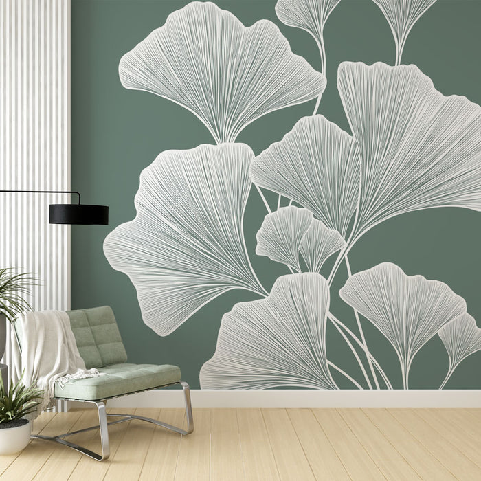 Papier peint ginkgo | Design élégant et botanique en blanc sur fond vert