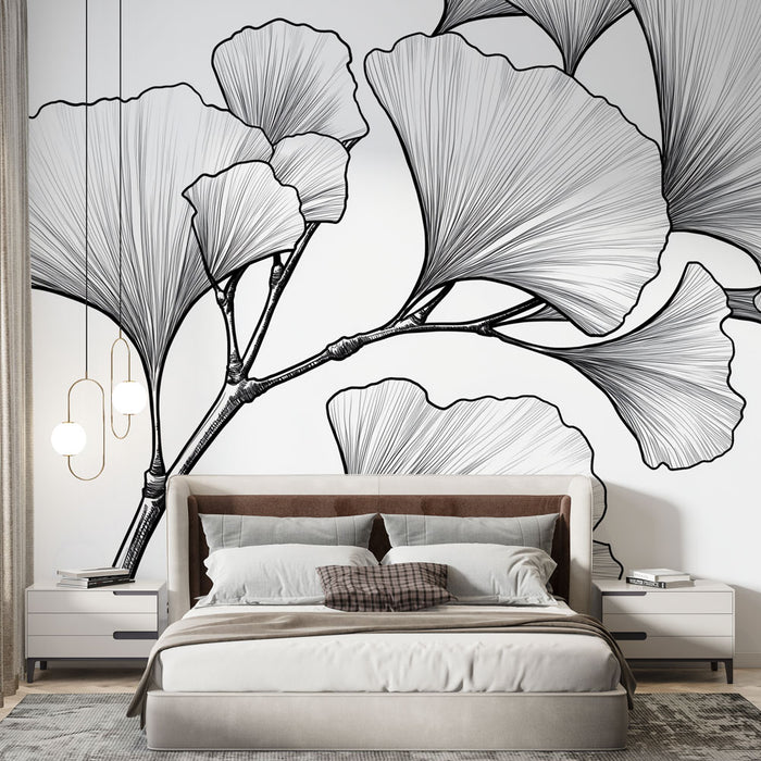 Papier peint ginkgo | Design floral minimaliste en noir et blanc