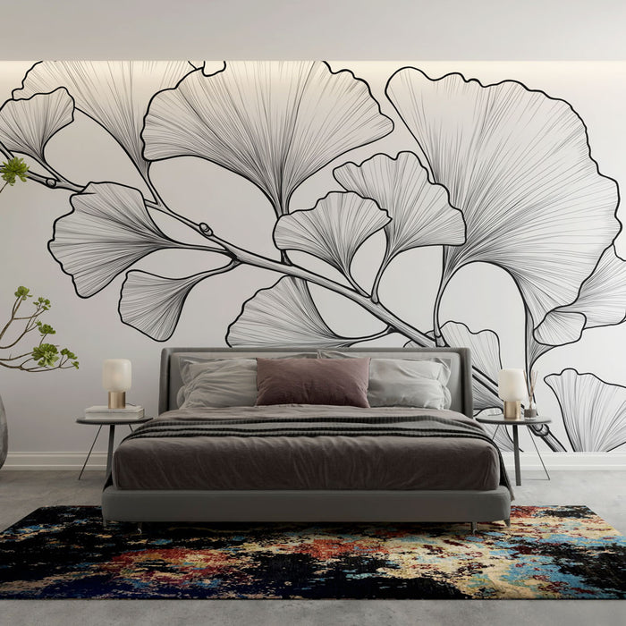 Papier peint ginkgo | Design linéaire élégant de feuilles de ginkgo