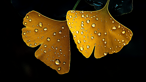 Papier peint ginkgo Deux feuilles de ginkgo jaune avec gouttes d'eau
