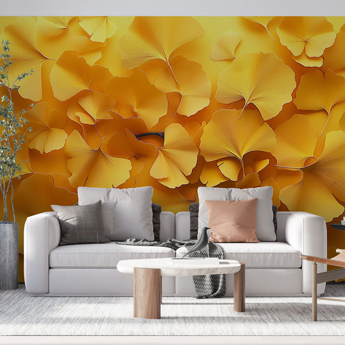 Papier peint ginkgo | Feuilles de ginkgo dorées sur fond jaune