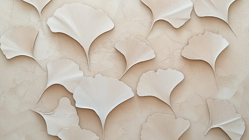 Papier peint ginkgo Feuilles de ginkgo en relief sur fond crème texturé