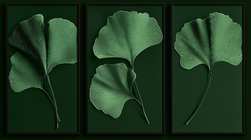 Papier peint ginkgo Feuilles de ginkgo en relief sur fond vert