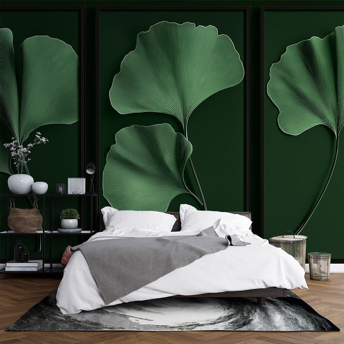 Papier peint ginkgo | Feuilles de ginkgo en relief sur fond vert