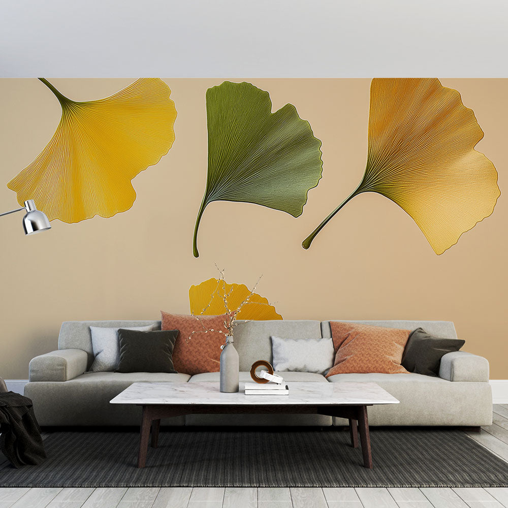 Papier peint ginkgo | Feuilles de ginkgo jaunes et vertes sur fond dou ...