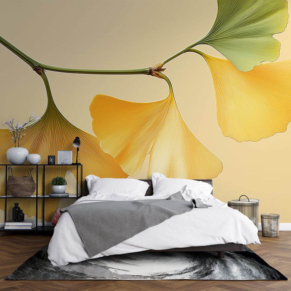 Papier peint ginkgo | Feuilles de ginkgo jaunes et vertes sur fond pas ...