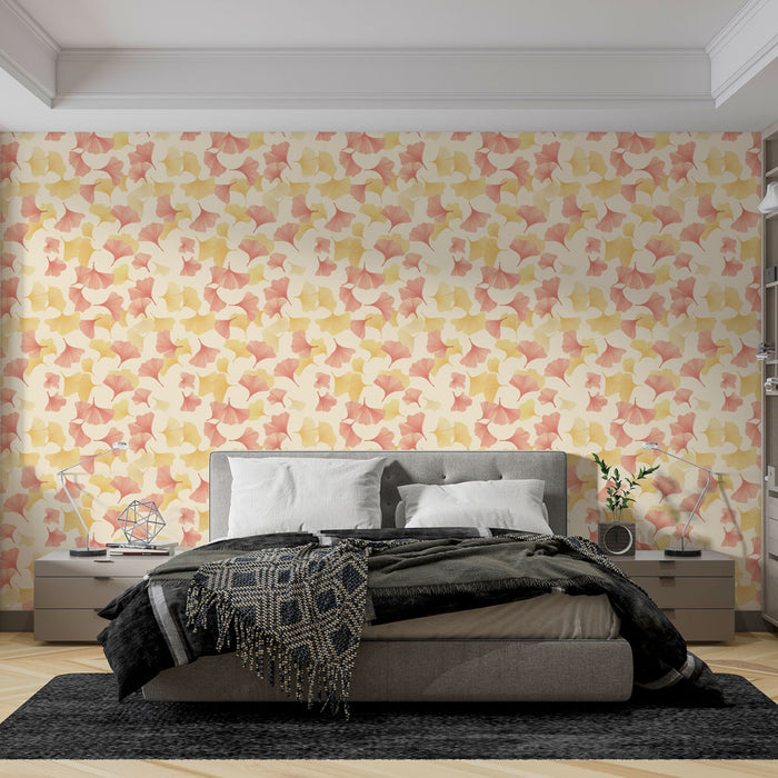 Une chambre moderne avec un papier peint floral aux teintes douces de rose et jaune, créant une atmosphère chaleureuse et apaisante.