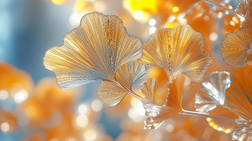Papier peint ginkgo Feuilles de ginkgo stylisées avec des teintes dorées et argentées