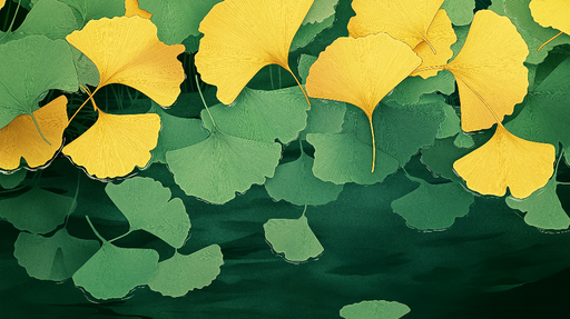 Papier peint ginkgo Feuilles de ginkgo vertes et jaunes sur fond aquatique