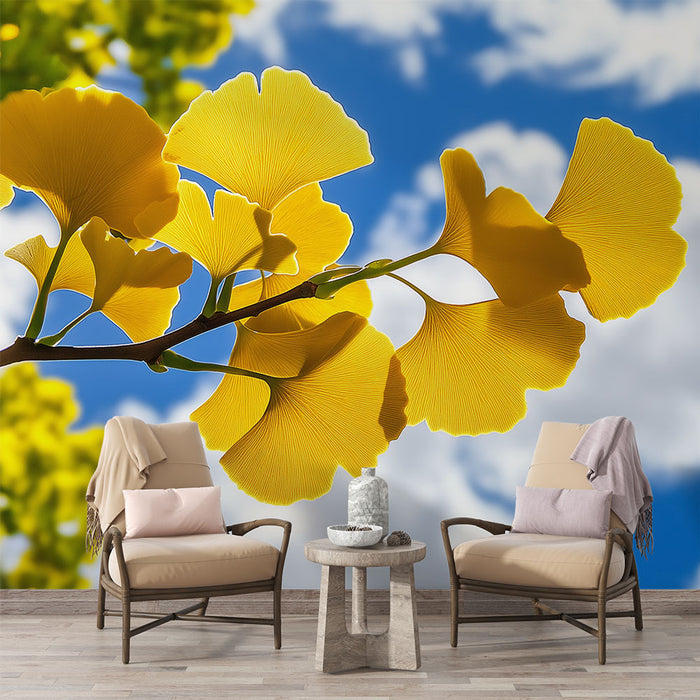 Papier peint ginkgo | Feuilles jaunes de ginkgo sous un ciel bleu